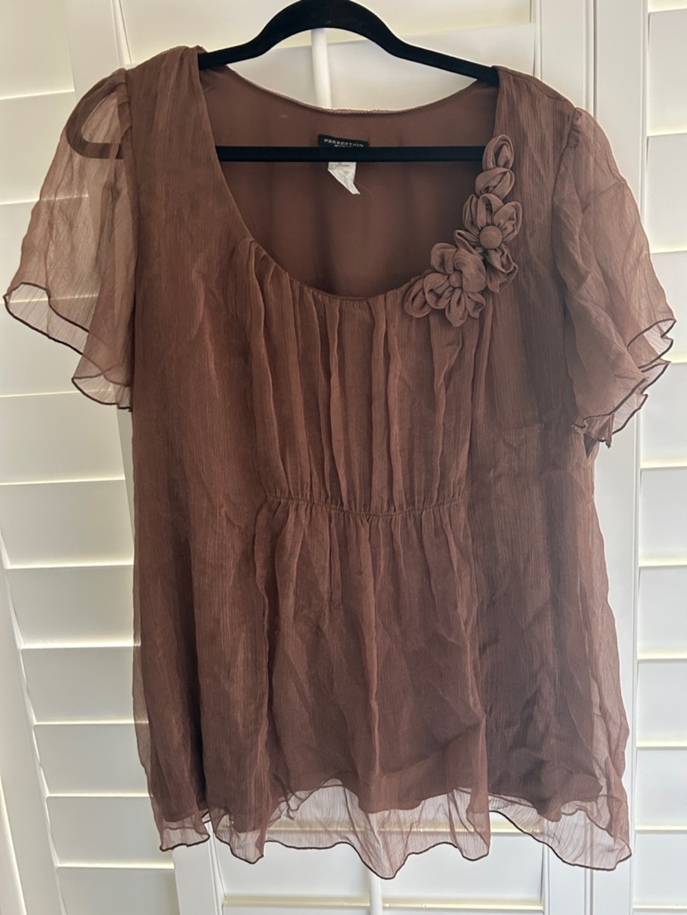 Perseption Brown Sheer Floral-Accent Blouse